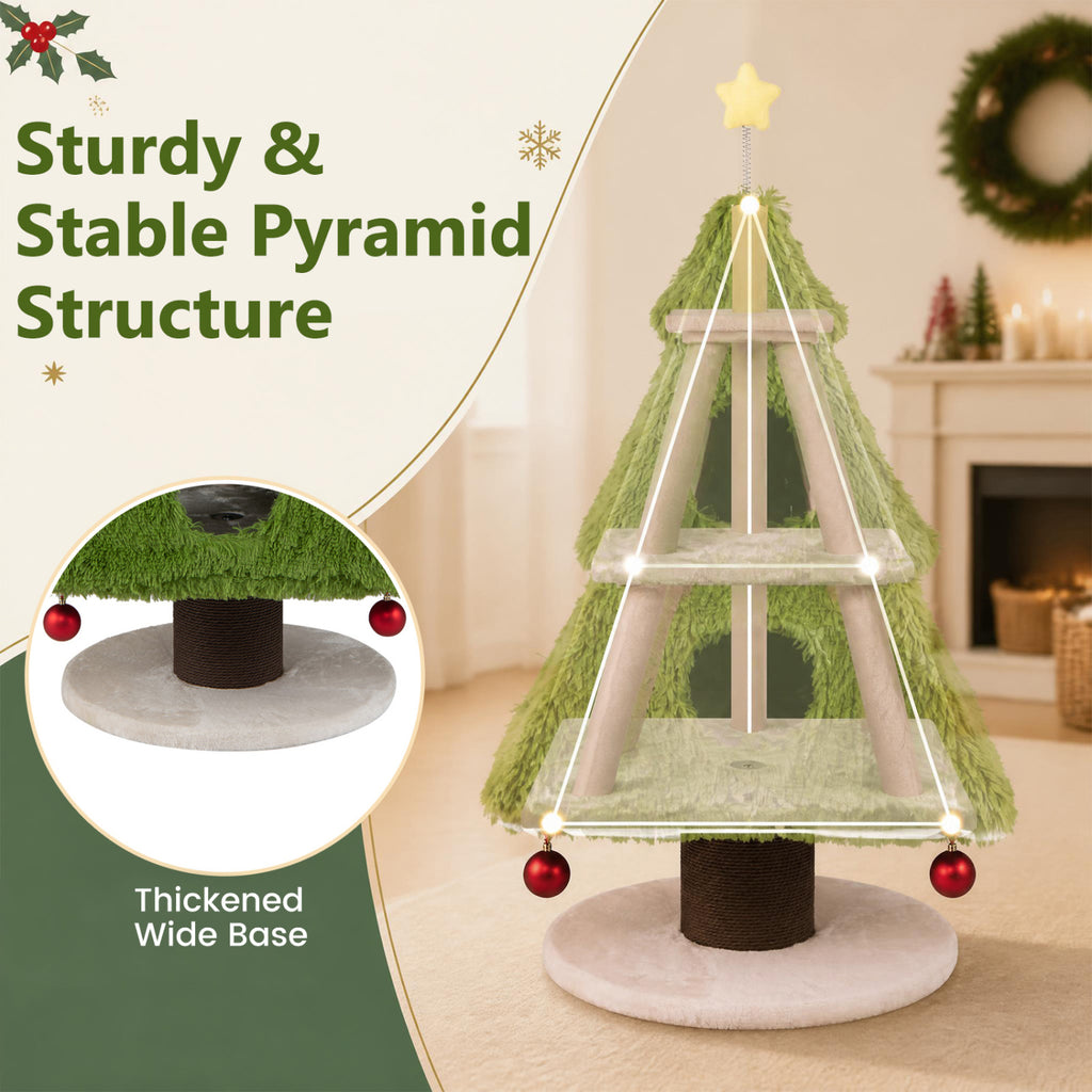 Christmas Cat Tree with Scratching Post & Dangling Balls - Green