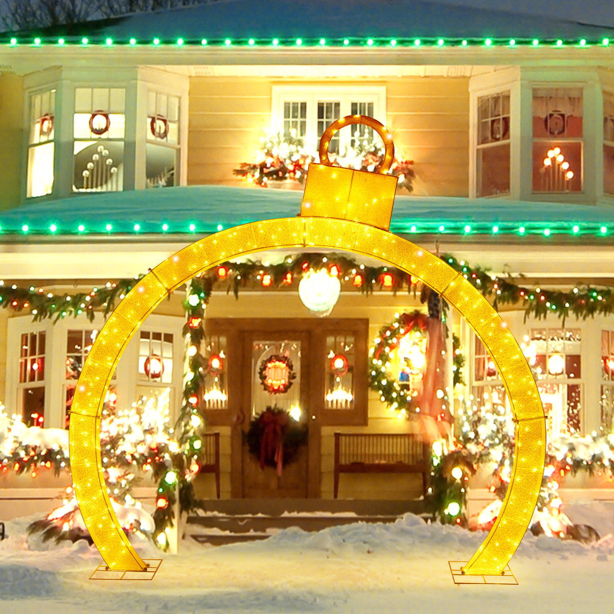10.5 Feet Pre-Lit Christmas Arch with Gold Ornament Cap & Warm White LED Lights