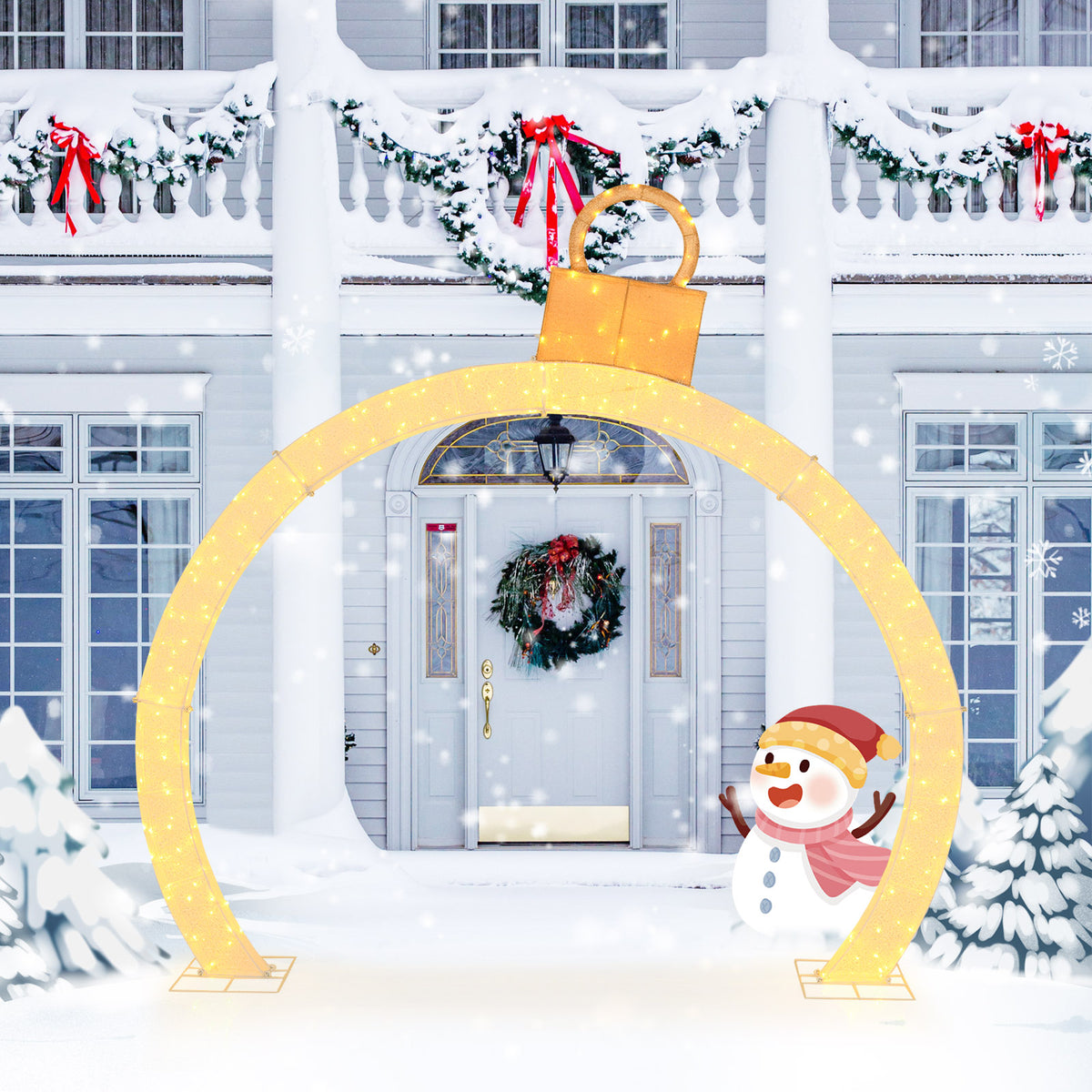 10.5 Feet Pre-Lit Christmas Arch with Gold Ornament Cap & Warm White LED Lights