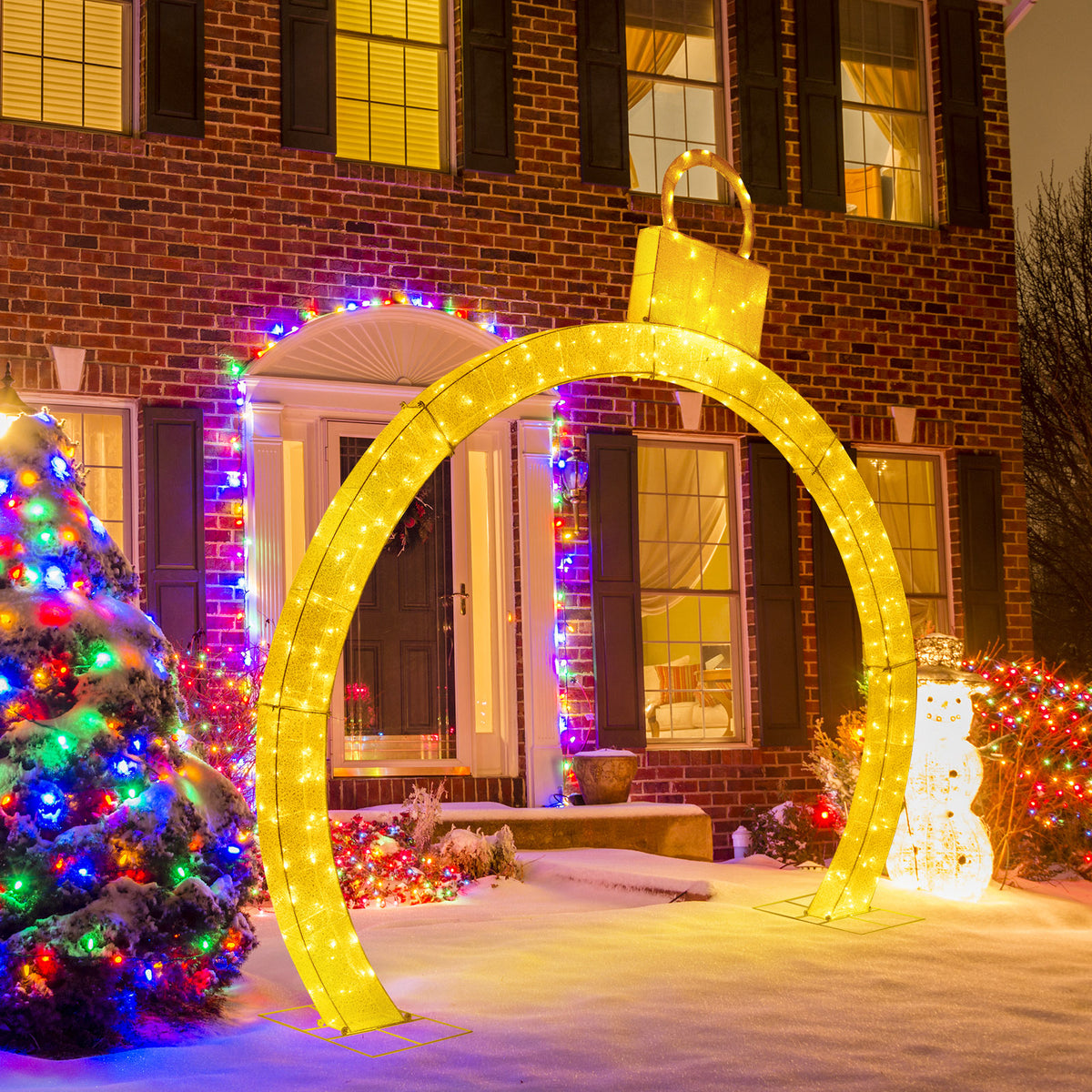 10.5 Feet Pre-Lit Christmas Arch with Gold Ornament Cap & Warm White LED Lights
