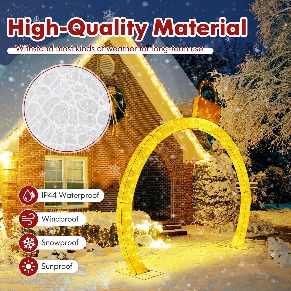 10.5 Feet Pre-Lit Christmas Arch with Gold Ornament Cap & Warm White LED Lights