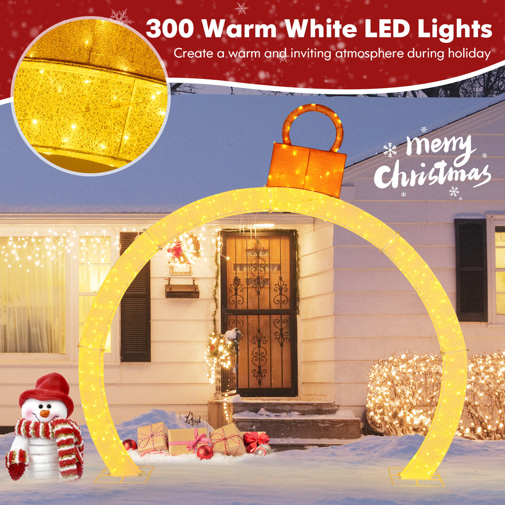 10.5 Feet Pre-Lit Christmas Arch with Gold Ornament Cap & Warm White LED Lights