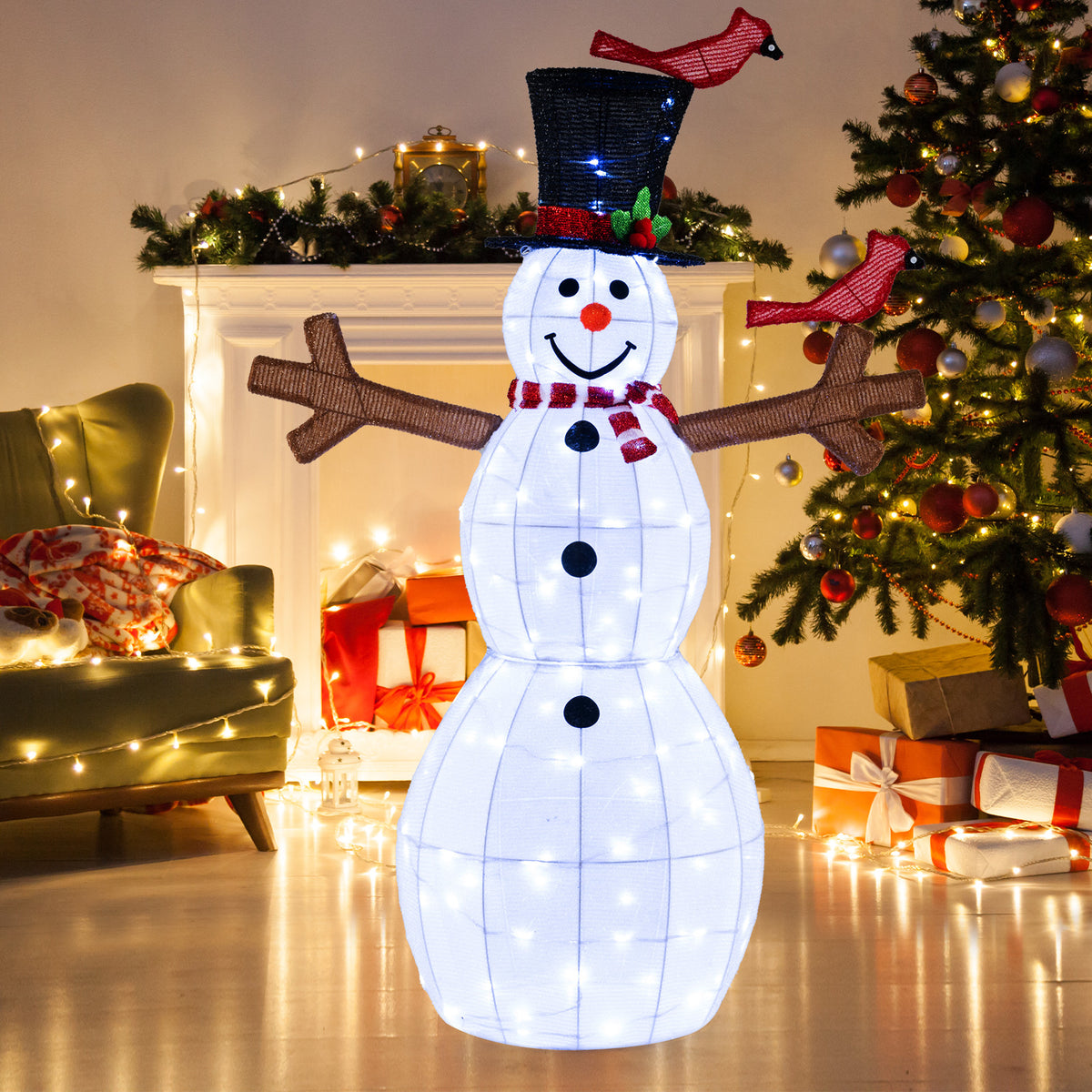 4.8 Feet Christmas Snowman with 120 LED String Lights and Red Bird Decorations