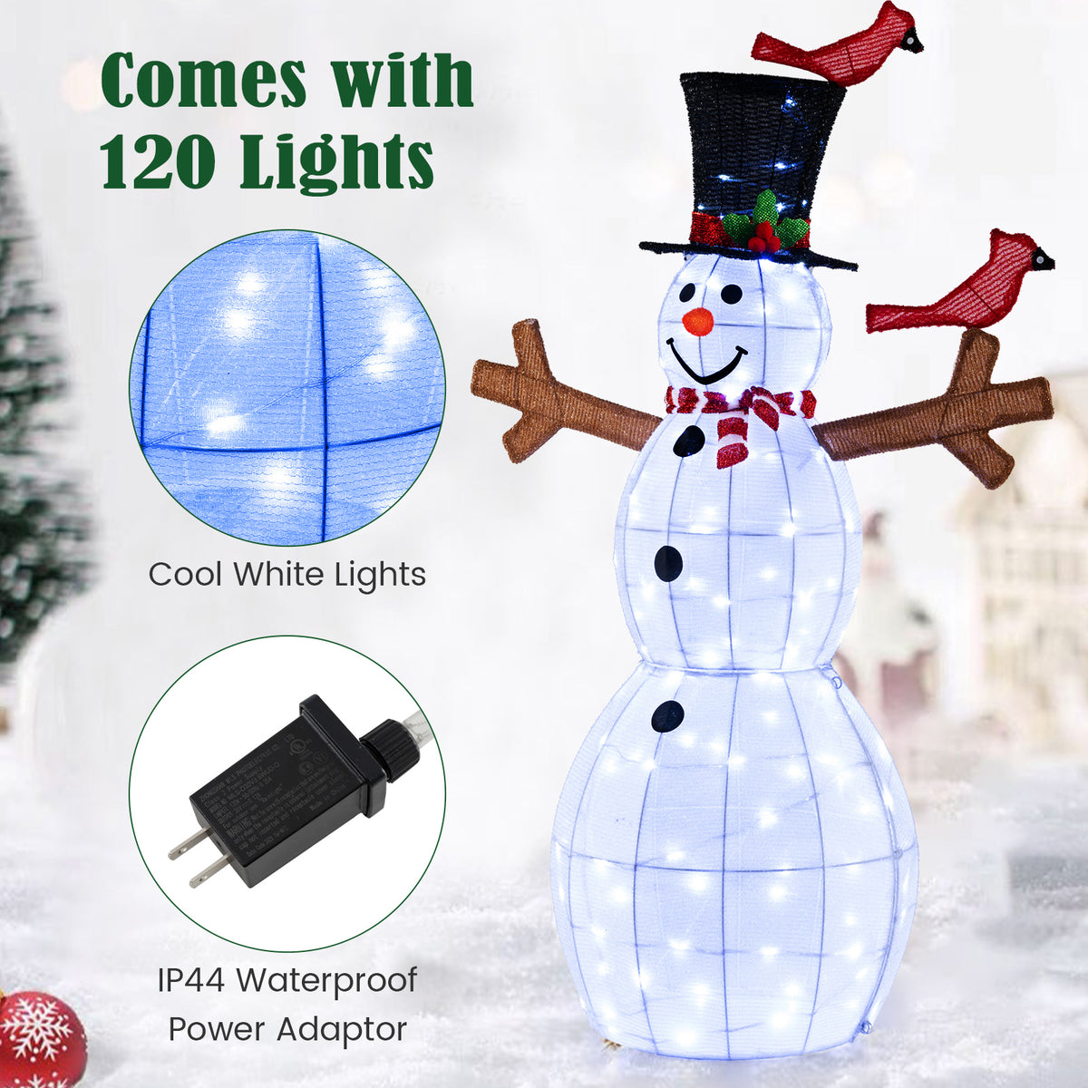 4.8 Feet Christmas Snowman with 120 LED String Lights and Red Bird Decorations
