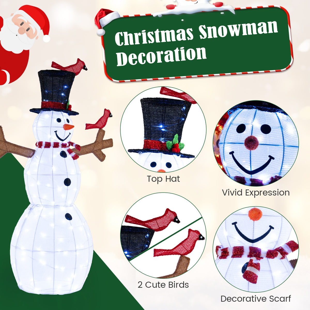 4.8 Feet Christmas Snowman with 120 LED String Lights and Red Bird Decorations