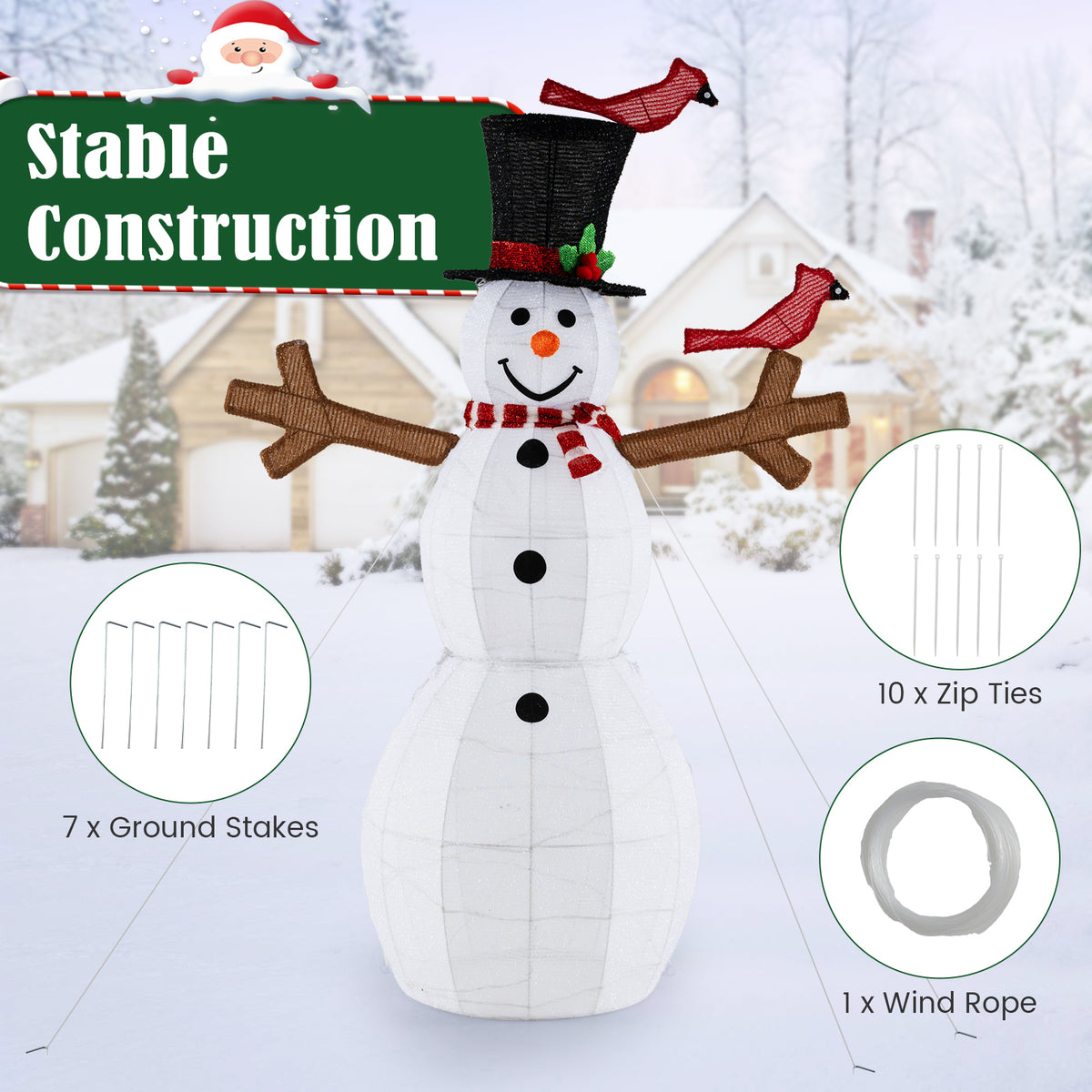 4.8 Feet Christmas Snowman with 120 LED String Lights and Red Bird Decorations