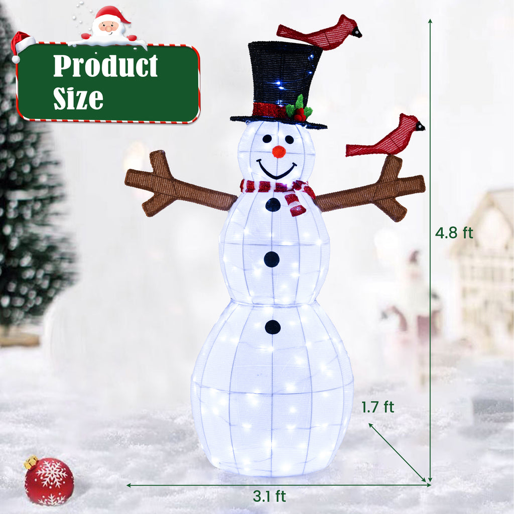 4.8 Feet Christmas Snowman with 120 LED String Lights and Red Bird Decorations