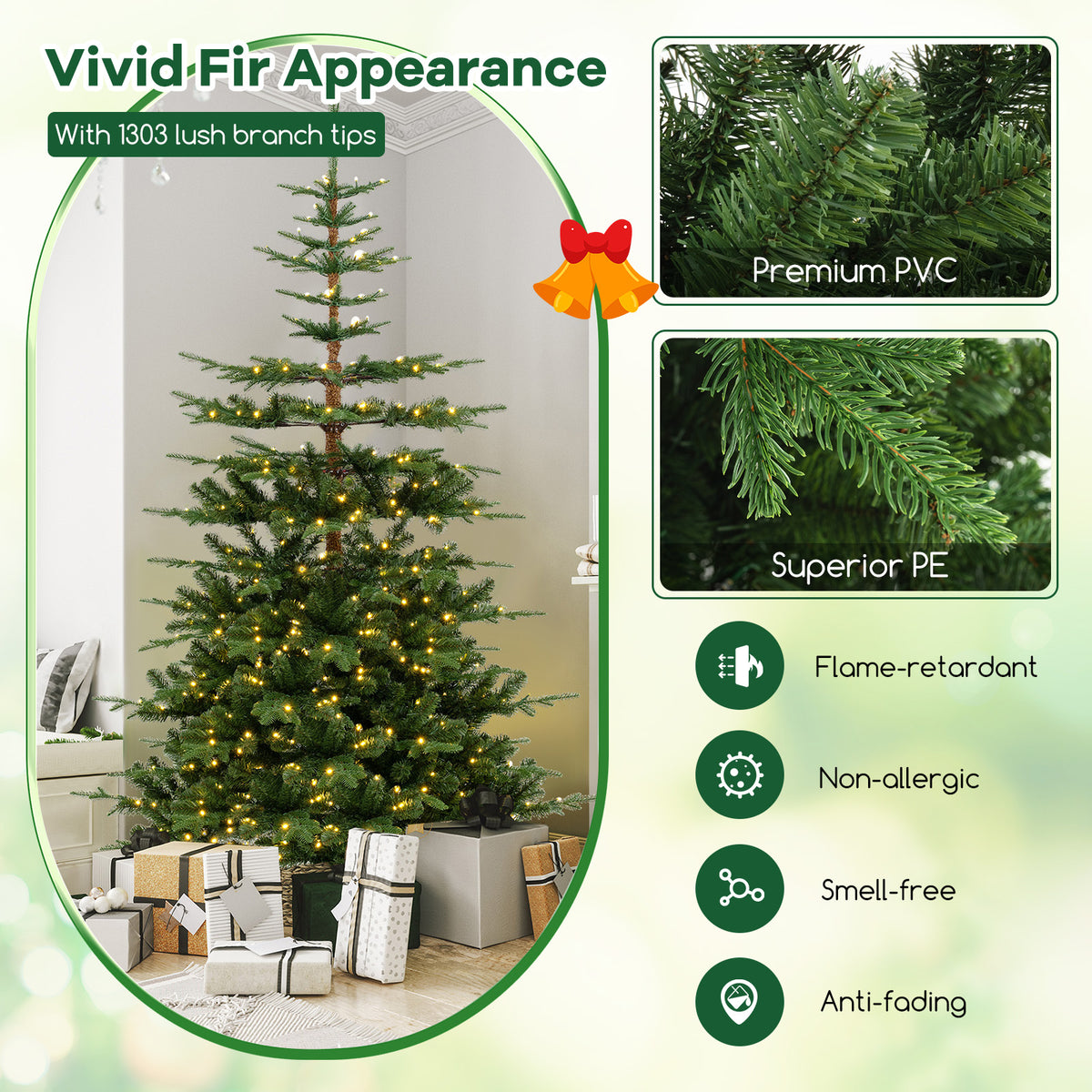 7Ft Hinged Artificial Christmas Tree with 1303 Tips & Warm White Lights