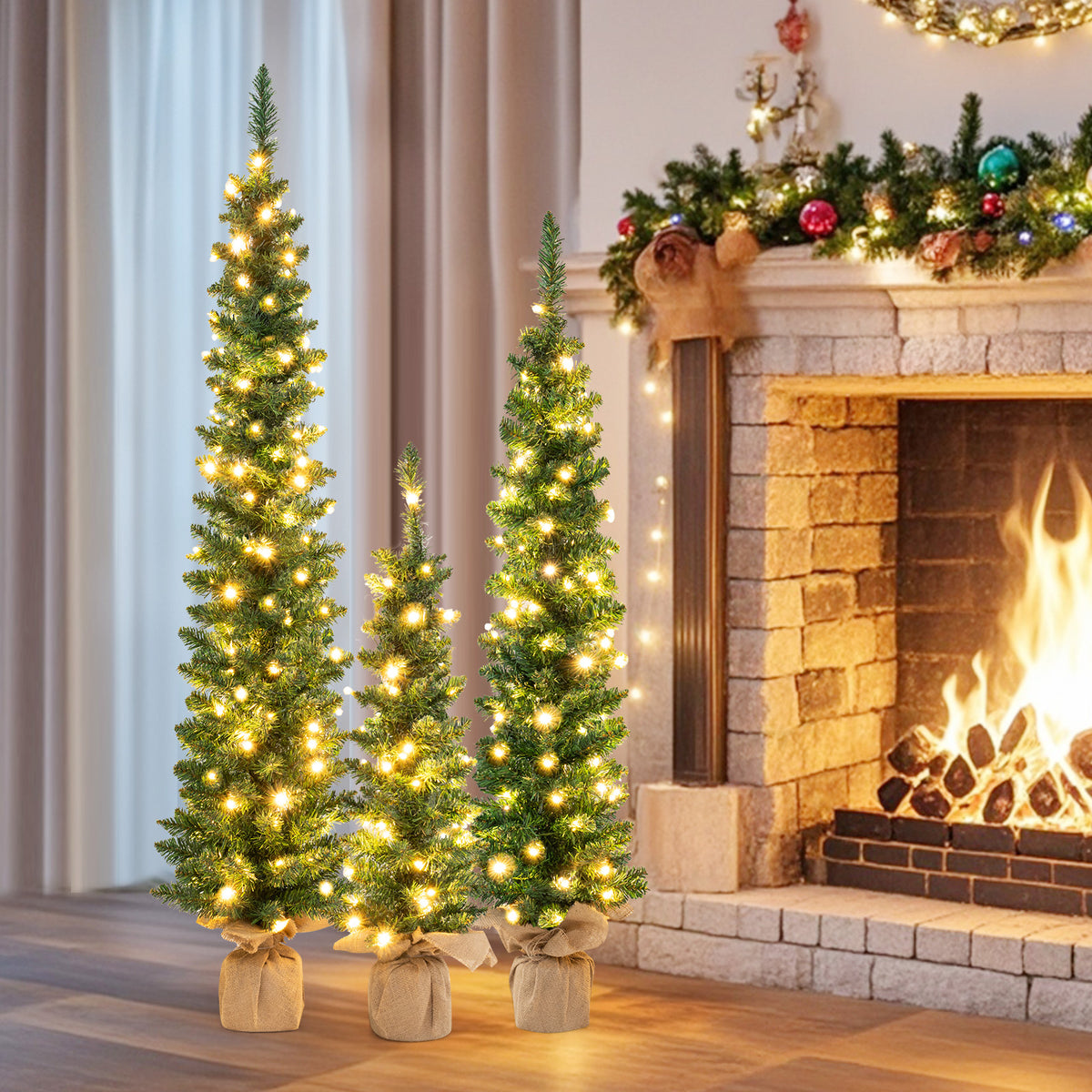 Pre-Lit Artificial Christmas Trees Set of 3 with Burlap Bases - Warm White LED Lights