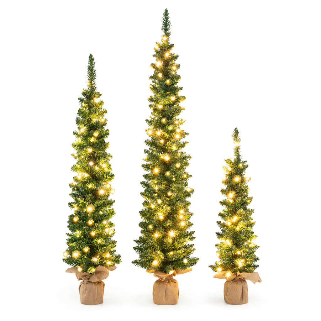 Pre-Lit Artificial Christmas Trees Set of 3 with Burlap Bases - Warm White LED Lights