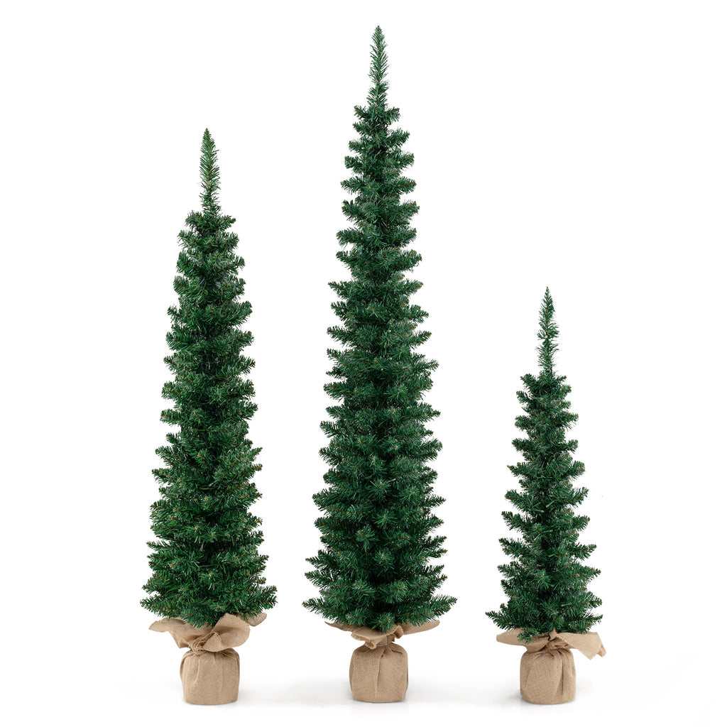 Pre-Lit Artificial Christmas Trees Set of 3 with Burlap Bases - Warm White LED Lights