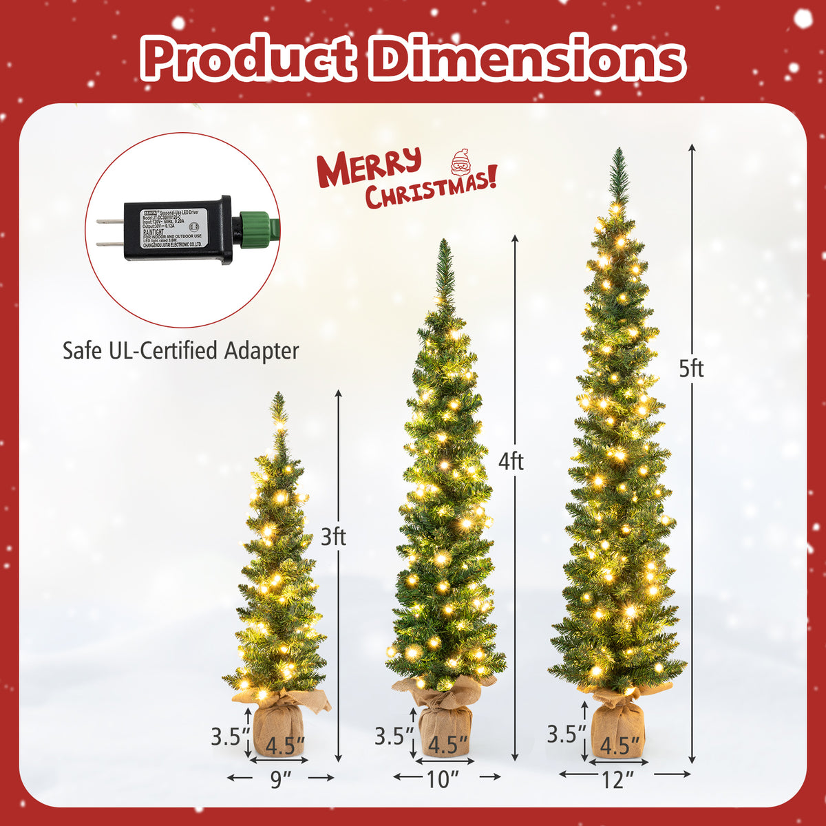 Pre-Lit Artificial Christmas Trees Set of 3 with Burlap Bases - Warm White LED Lights