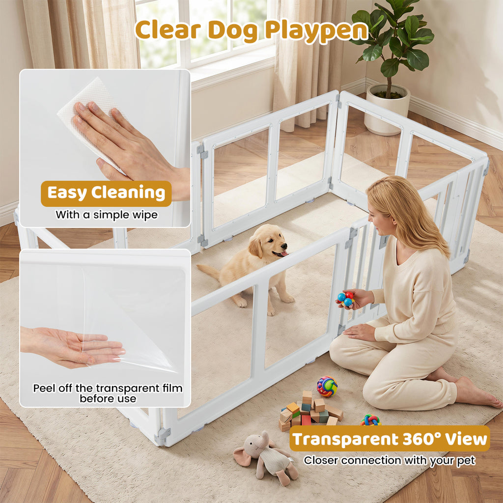 HDPE 6-Panel Clear Dog Playpen with Locking Door - Transparent Pet Enclosure