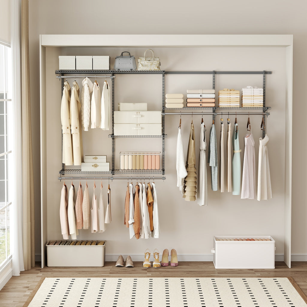 Wall-Mounted Closet System with Shelves & Rod - 4-8 Feet, Gray