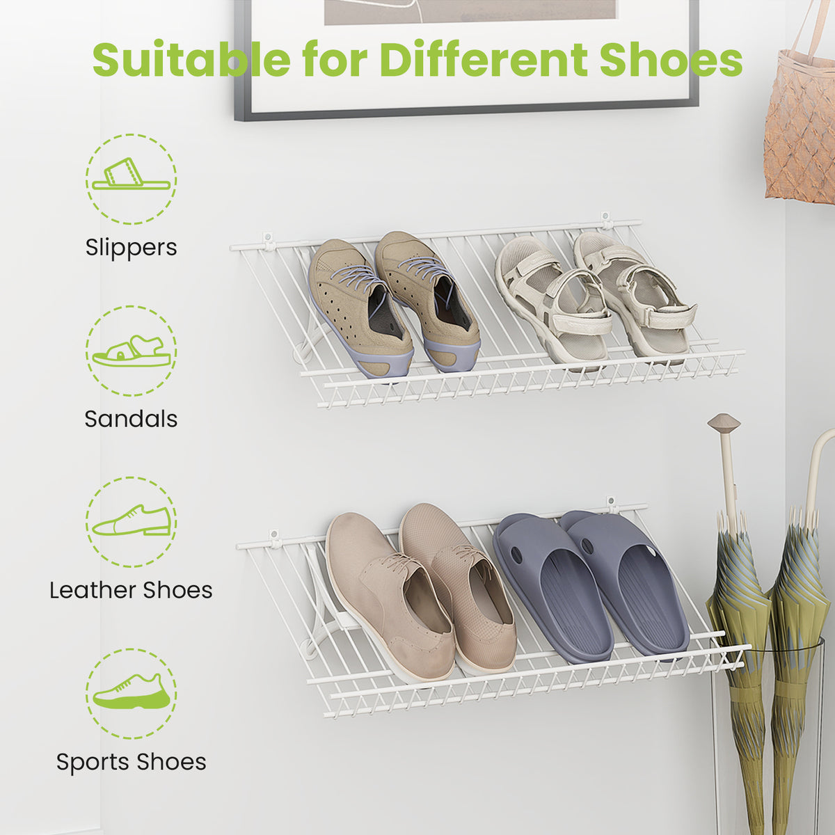 Wall-Mounted Metal Wire Shoe Racks - Set of 2