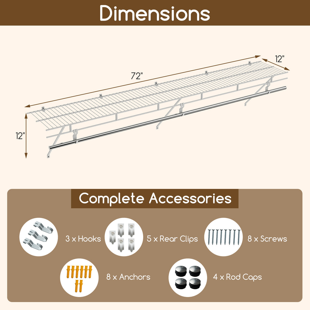 Wall-Mounted Closet Shelf with Hanging Rod - 6ft