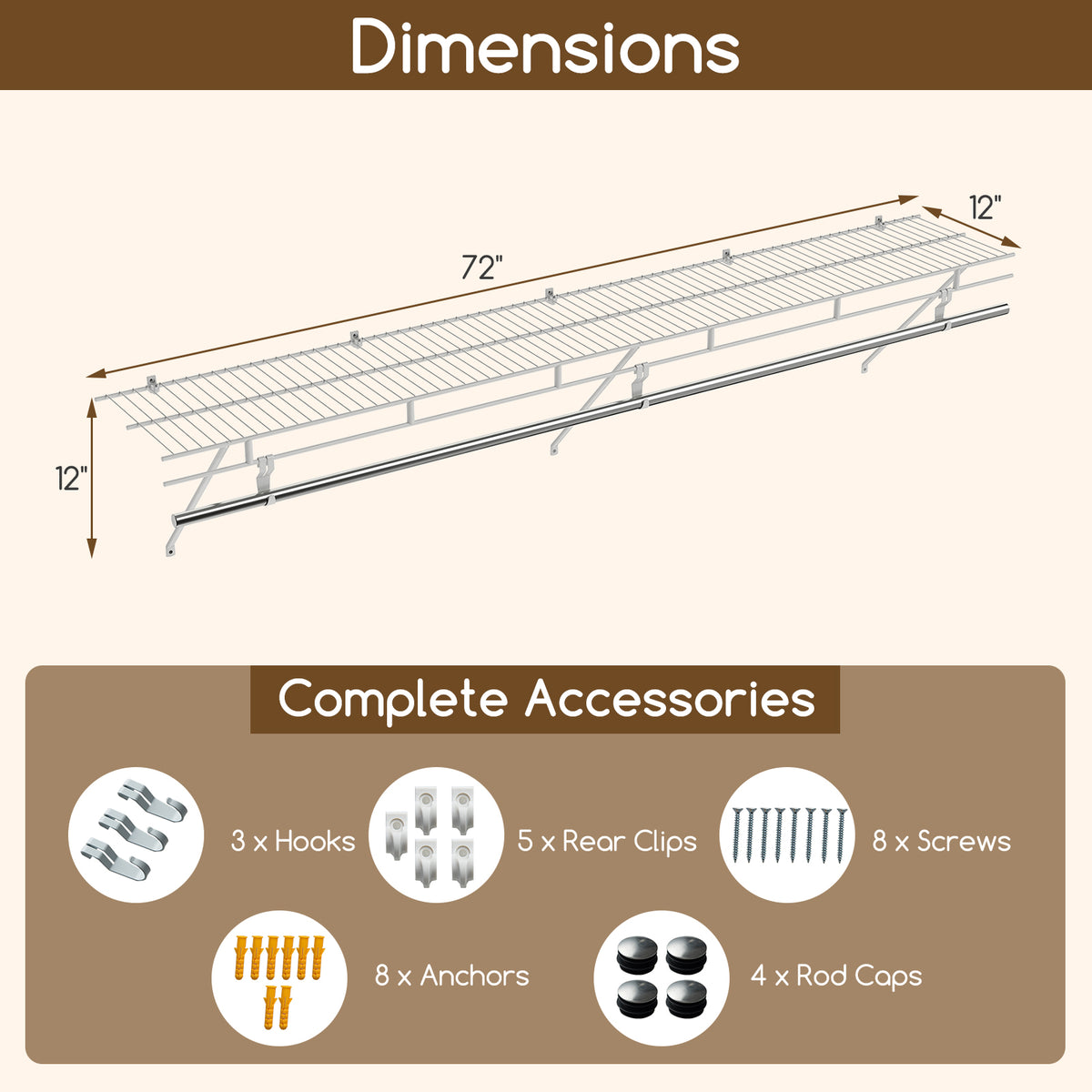 Wall-Mounted Closet Shelf with Hanging Rod - 6ft