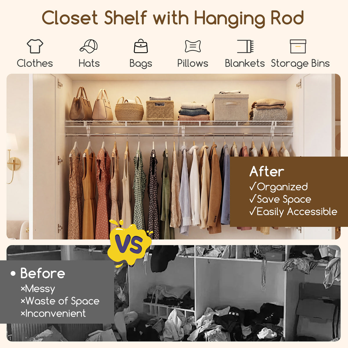 Wall-Mounted Closet Shelf with Hanging Rod - 6ft