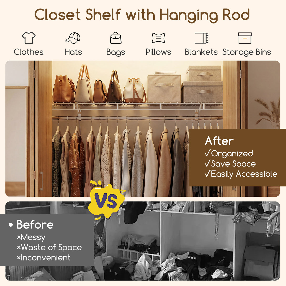 Wall-Mounted Closet Shelves with Ventilated Metal Wire Shelving Kit