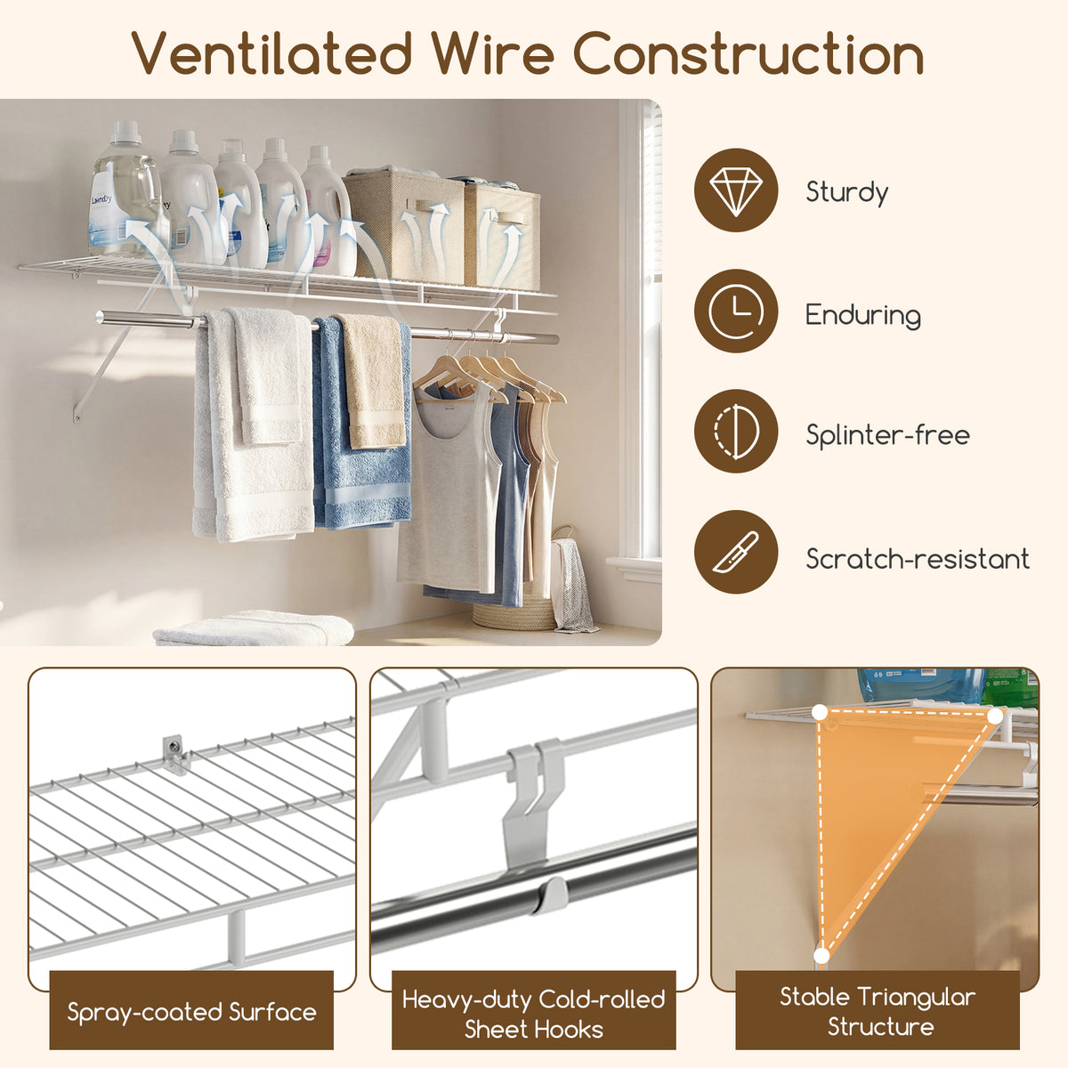 Wall-Mounted Closet Shelves with Ventilated Metal Wire Shelving Kit