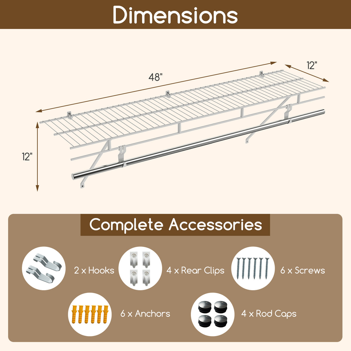 Wall-Mounted Closet Shelves with Ventilated Metal Wire Shelving Kit