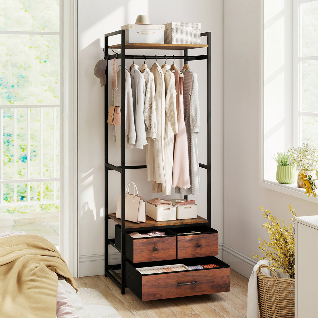 Clothes Rack with Drawers and Shelves - Rustic Brown