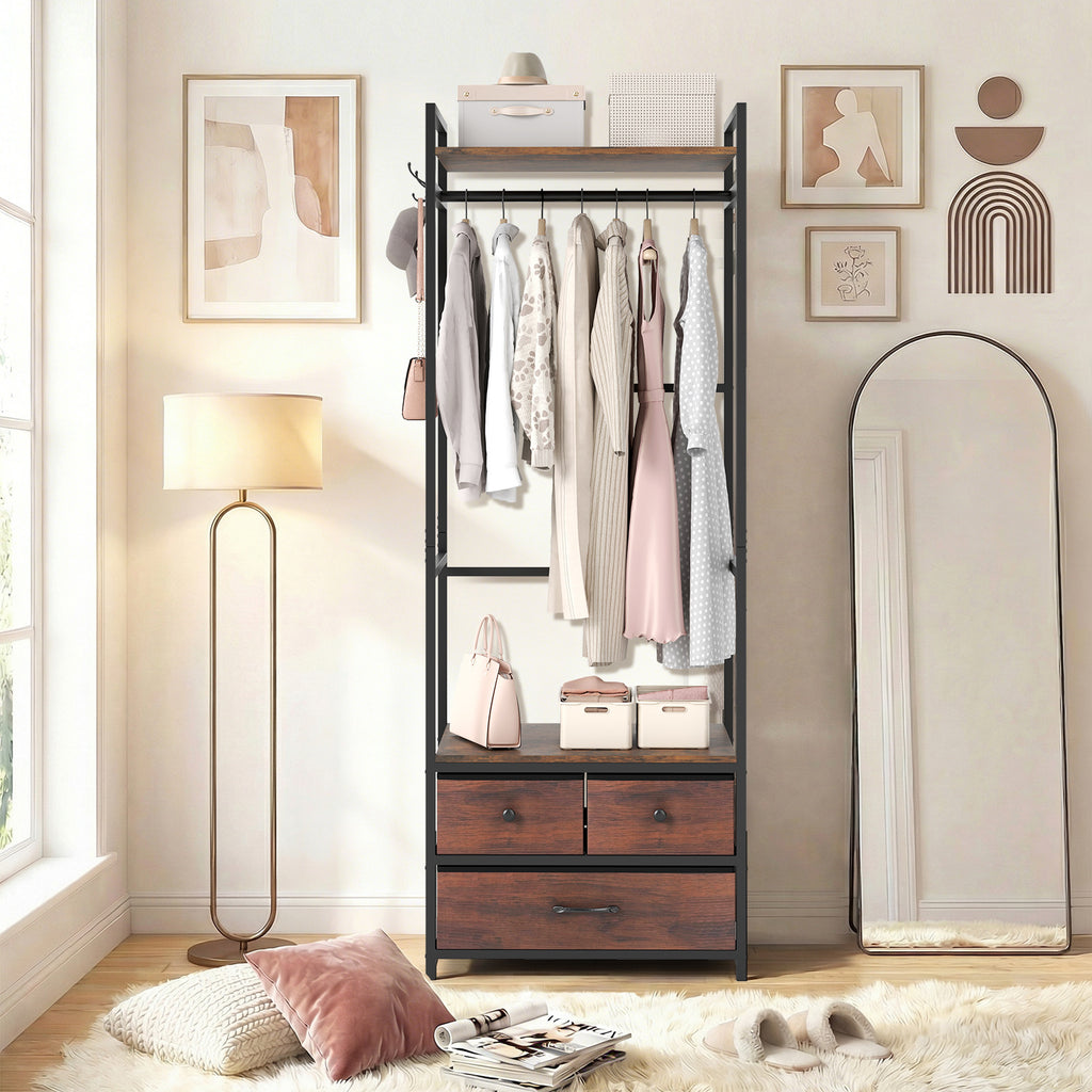 Clothes Rack with Drawers and Shelves - Rustic Brown