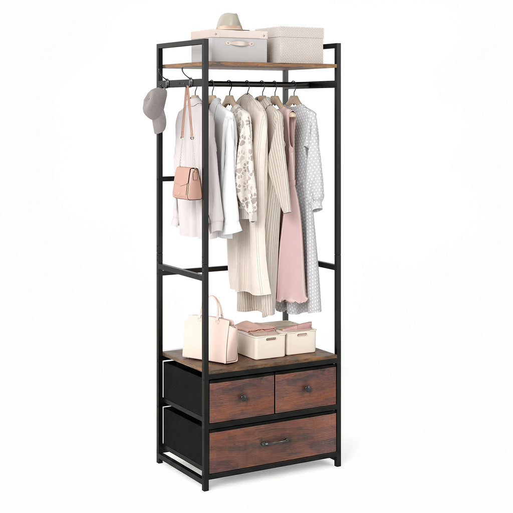 Clothes Rack with Drawers and Shelves - Rustic Brown
