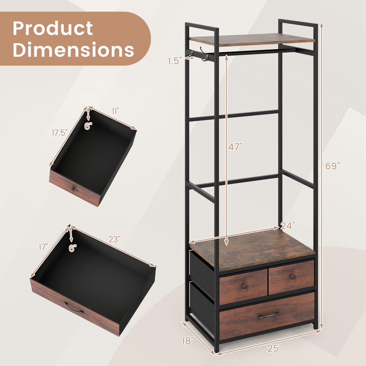 Clothes Rack with Drawers and Shelves - Rustic Brown