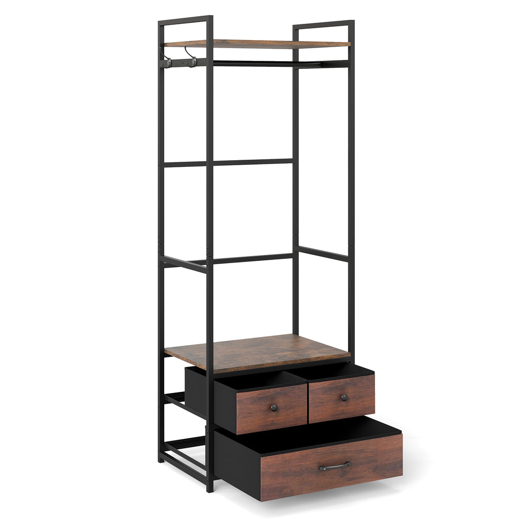 Clothes Rack with Drawers and Shelves - Rustic Brown