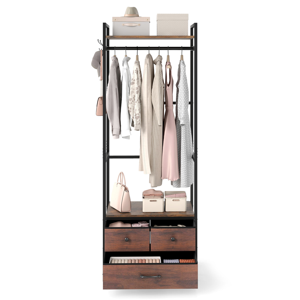 Clothes Rack with Drawers and Shelves - Rustic Brown