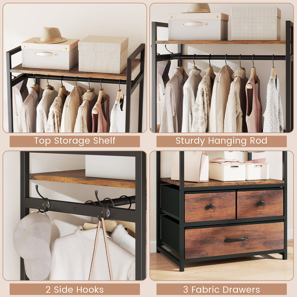Clothes Rack with Drawers and Shelves - Rustic Brown