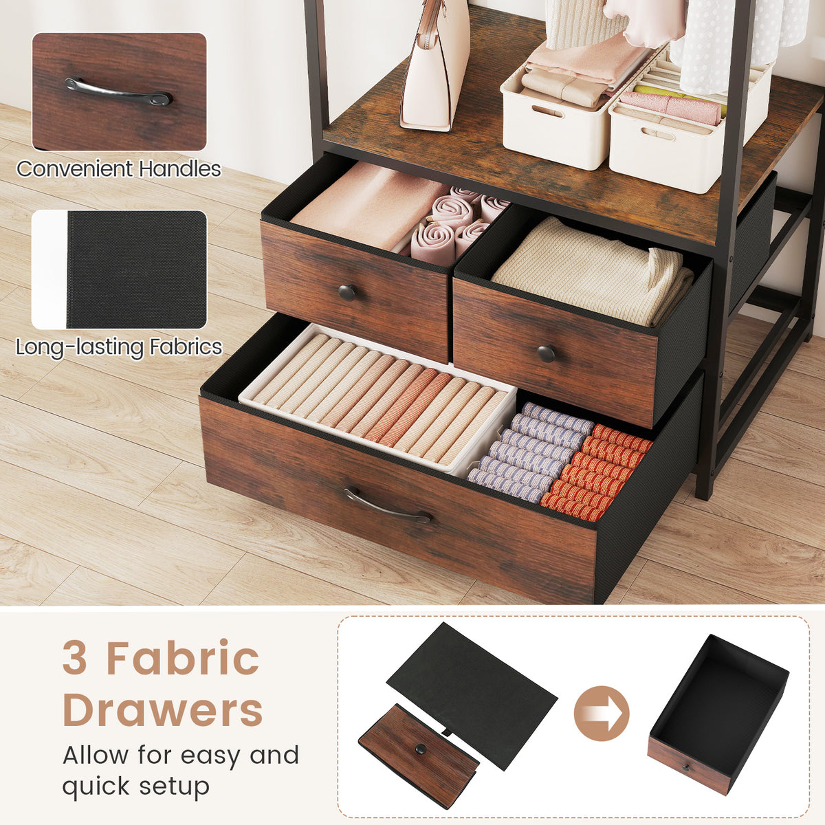 Clothes Rack with Drawers and Shelves - Rustic Brown