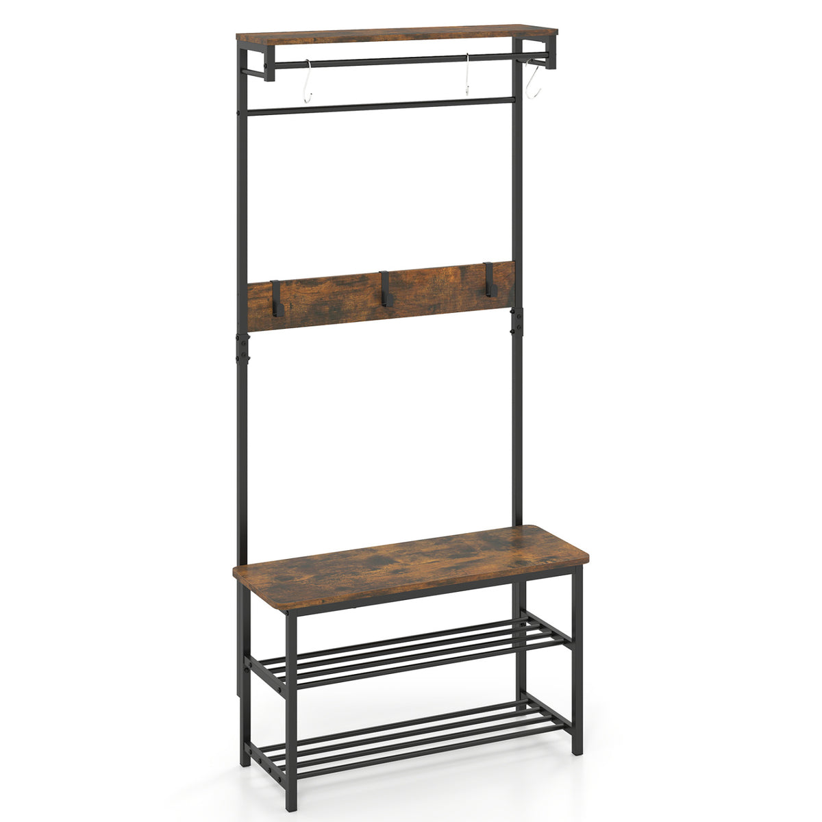 Coat Rack 4-In-1 Hall Tree with Shoe Bench and Removable Hooks