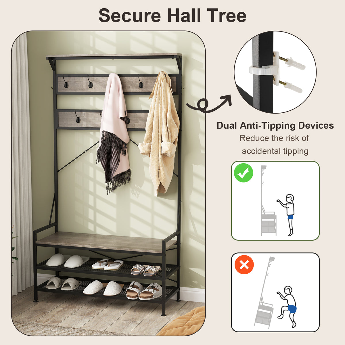 Coat Rack 4-In-1 Hall Tree with 11 Hanging Hooks Shoe Bench