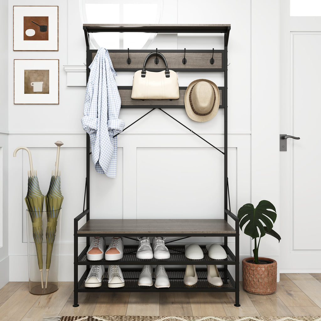 Coat Rack 4-In-1 Hall Tree with 11 Hanging Hooks Shoe Bench