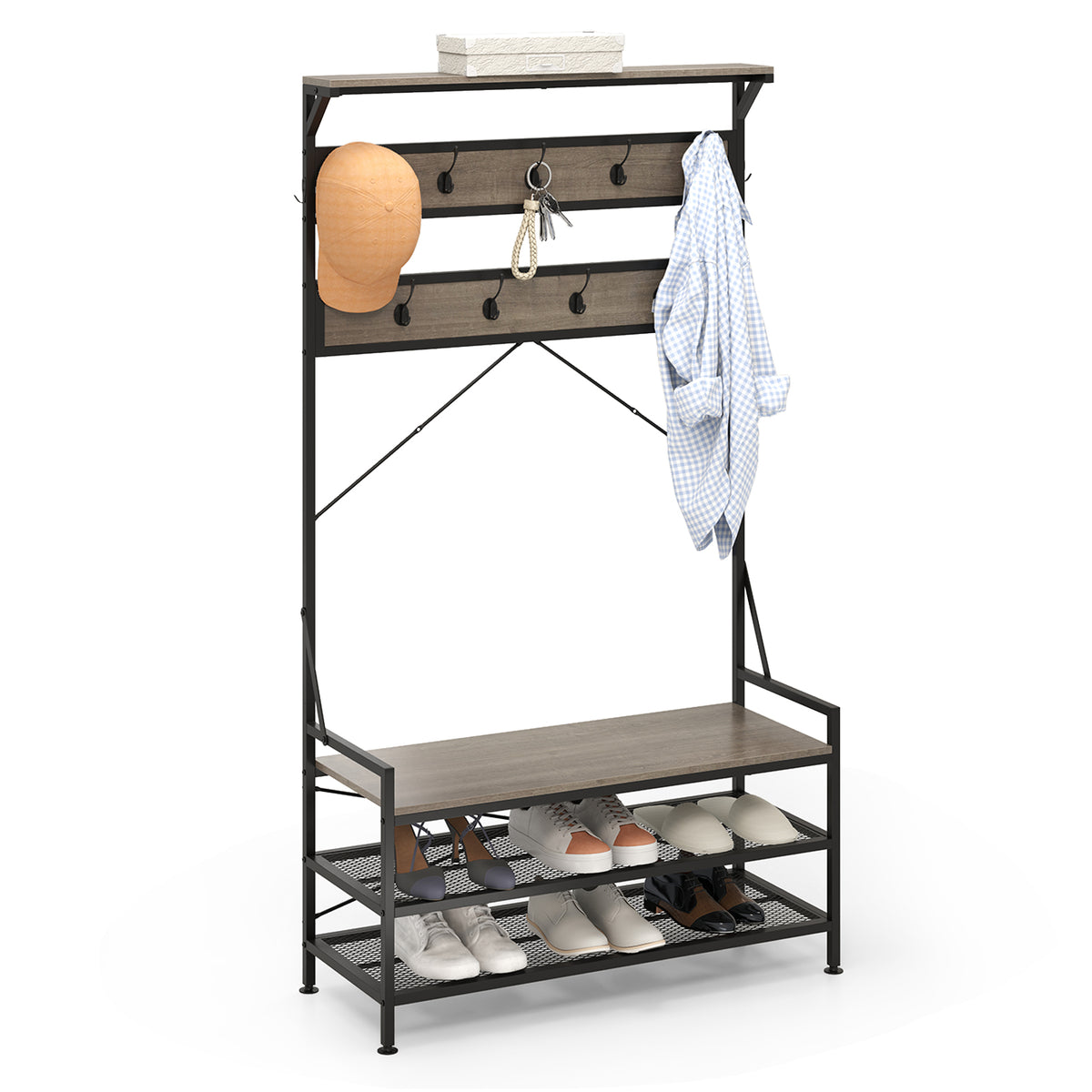 Coat Rack 4-In-1 Hall Tree with 11 Hanging Hooks Shoe Bench