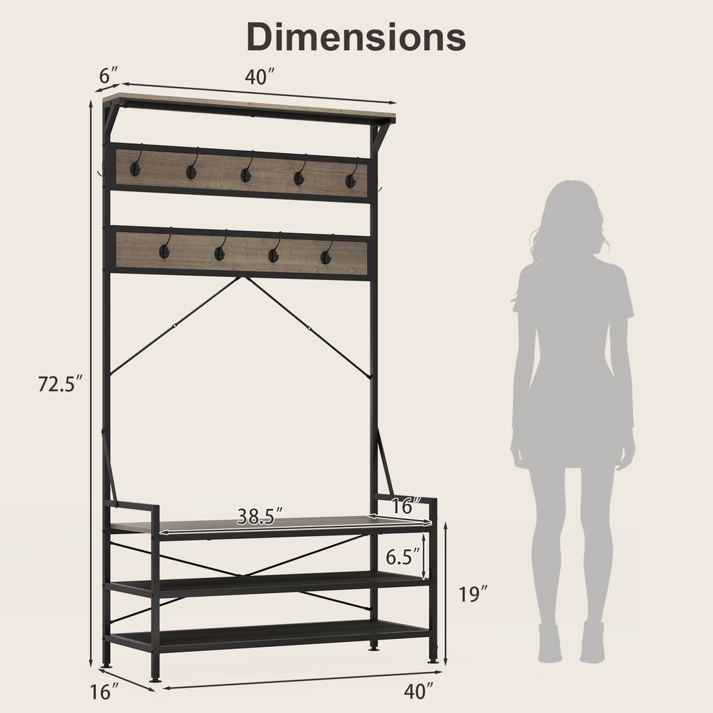 Coat Rack 4-In-1 Hall Tree with 11 Hanging Hooks Shoe Bench