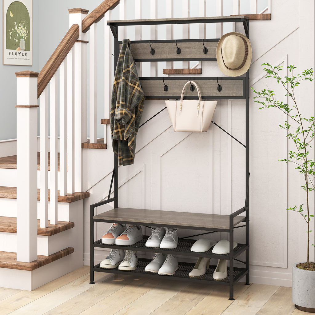 Coat Rack 4-In-1 Hall Tree with 11 Hanging Hooks Shoe Bench