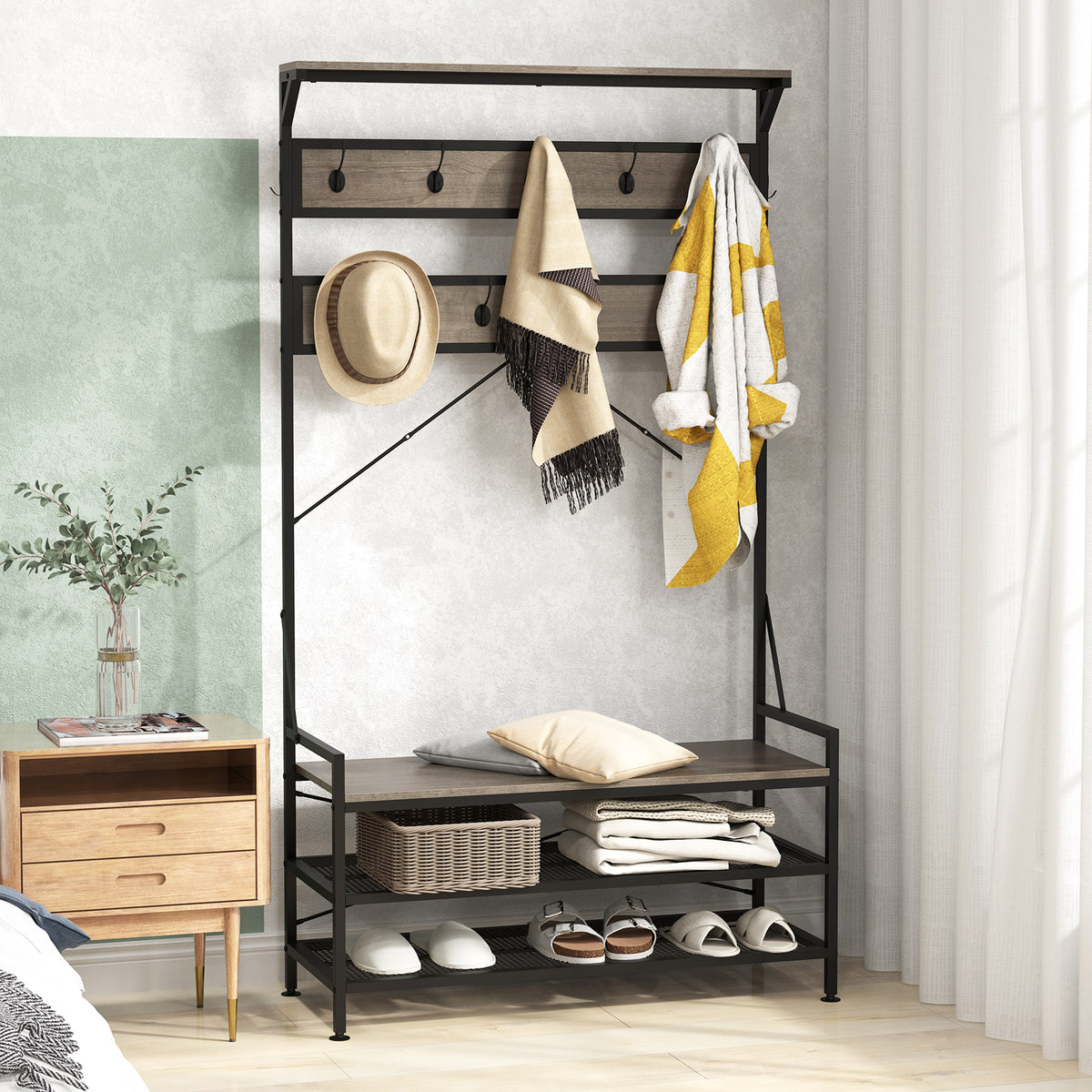 Coat Rack 4-In-1 Hall Tree with 11 Hanging Hooks Shoe Bench