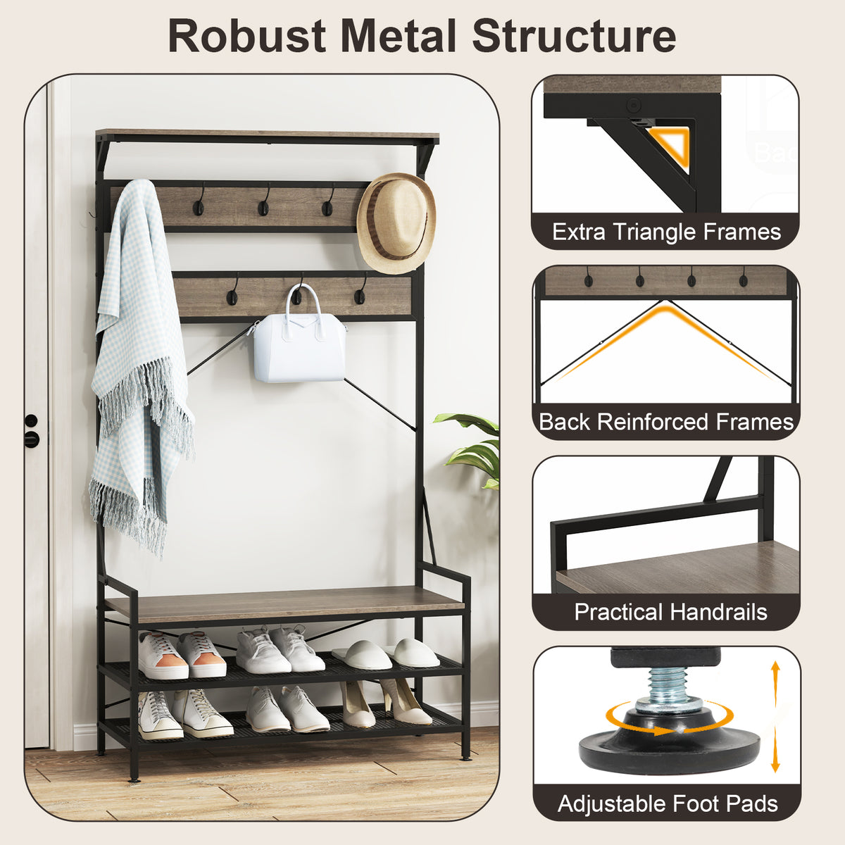 Coat Rack 4-In-1 Hall Tree with 11 Hanging Hooks Shoe Bench