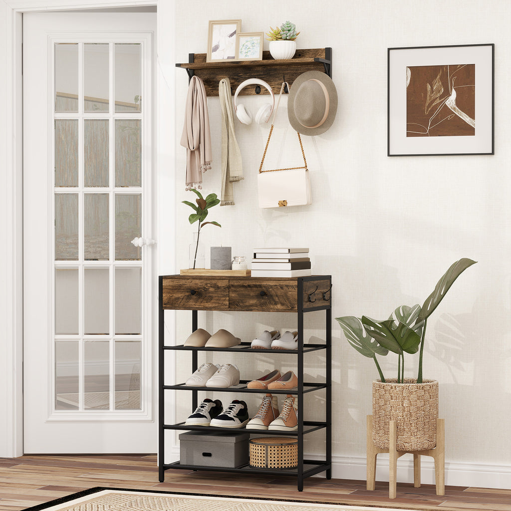5-Tier Shoe Rack with Wall-Mounted Coat Hanger - Brown