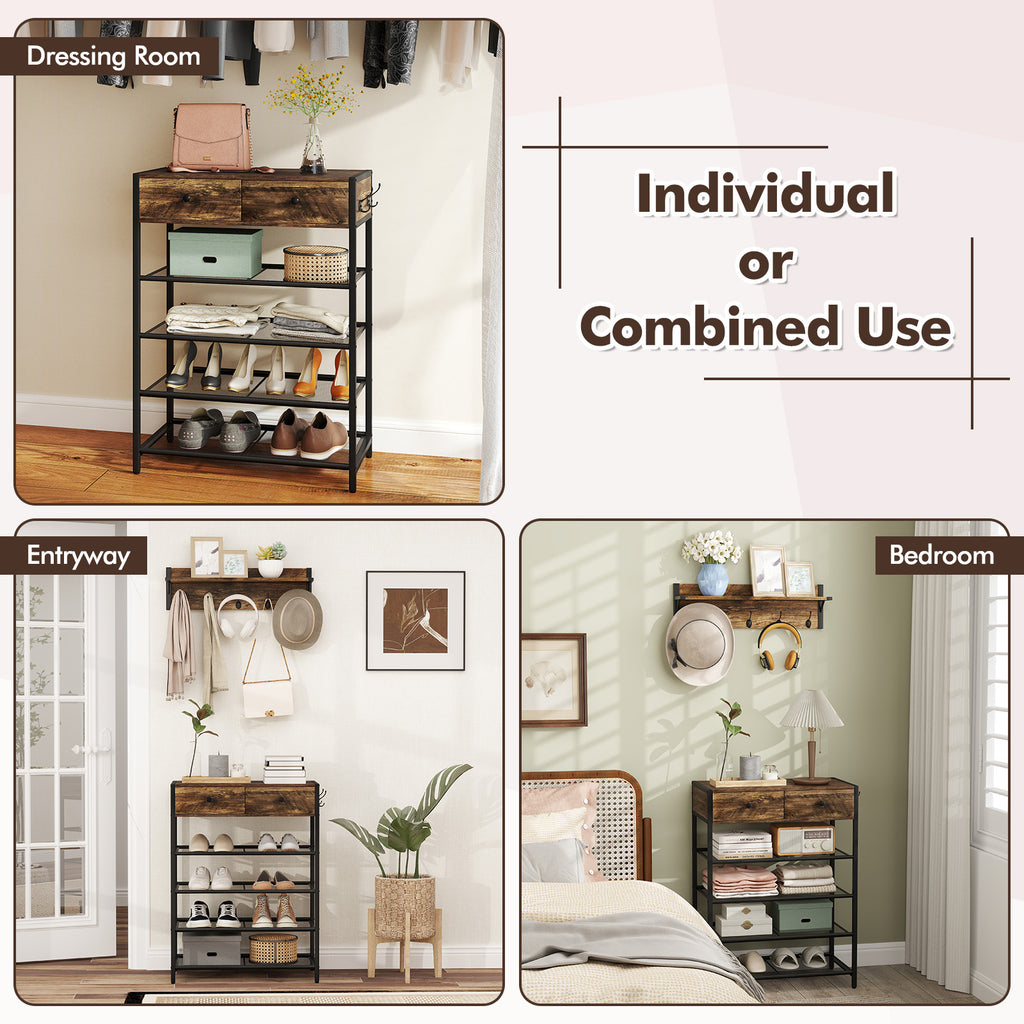 5-Tier Shoe Rack with Wall-Mounted Coat Hanger - Brown