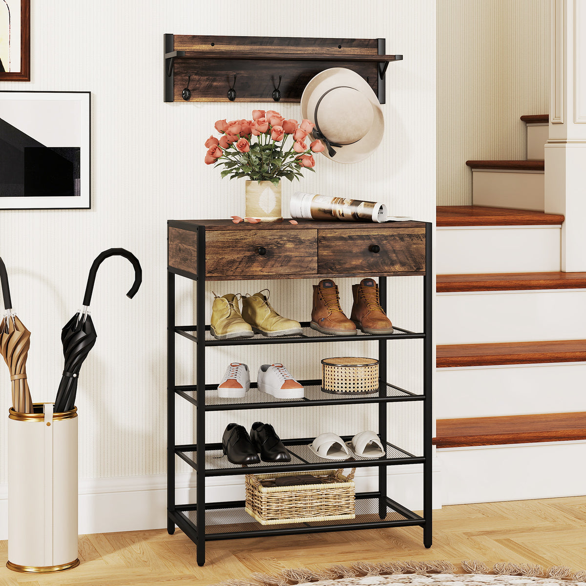 5-Tier Shoe Rack with Wall-Mounted Coat Hanger - Brown