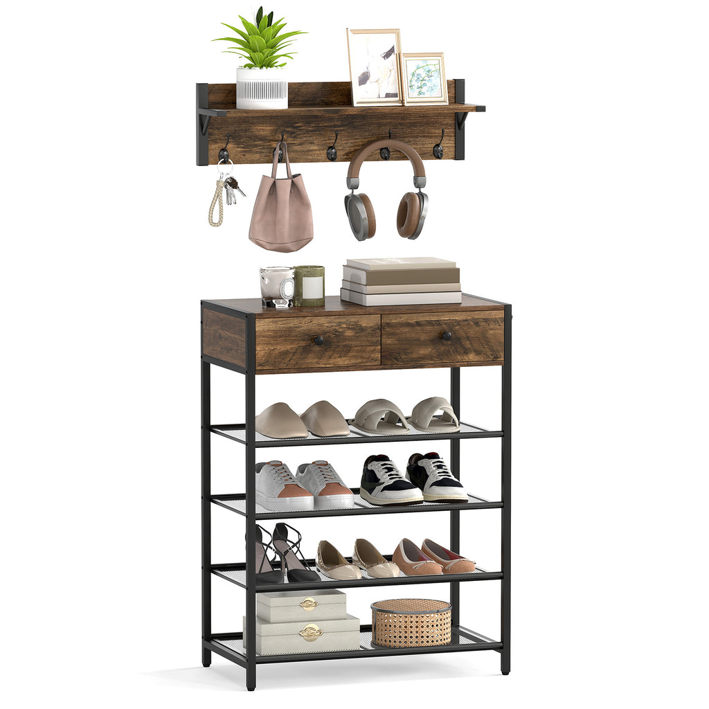 5-Tier Shoe Rack with Wall-Mounted Coat Hanger - Brown