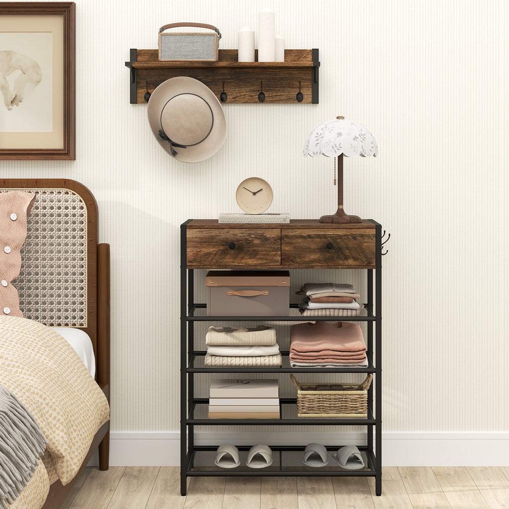 5-Tier Shoe Rack with Wall-Mounted Coat Hanger - Brown