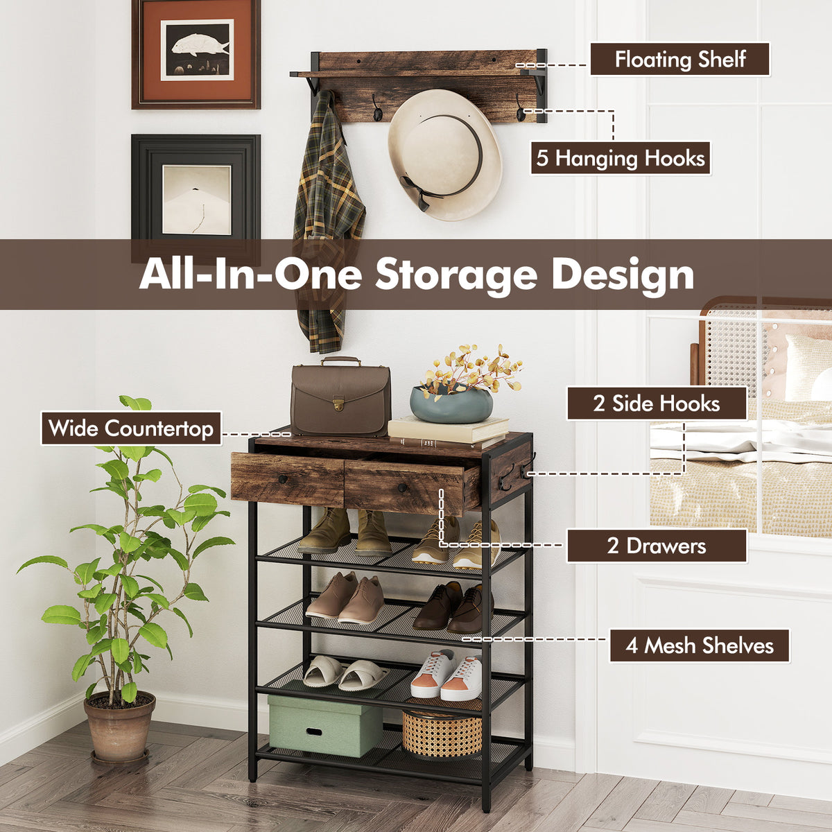 5-Tier Shoe Rack with Wall-Mounted Coat Hanger - Brown