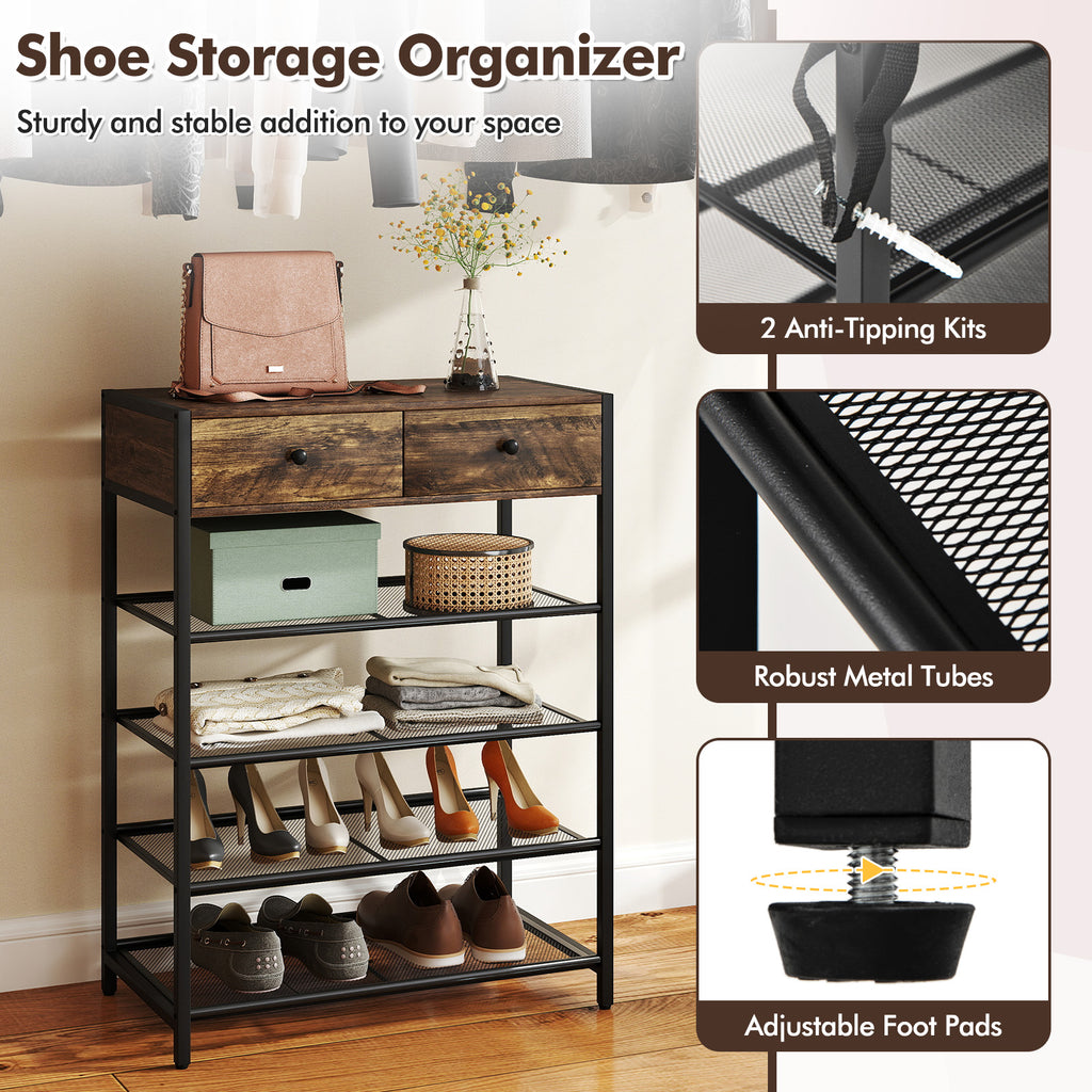 5-Tier Shoe Rack with Wall-Mounted Coat Hanger - Brown