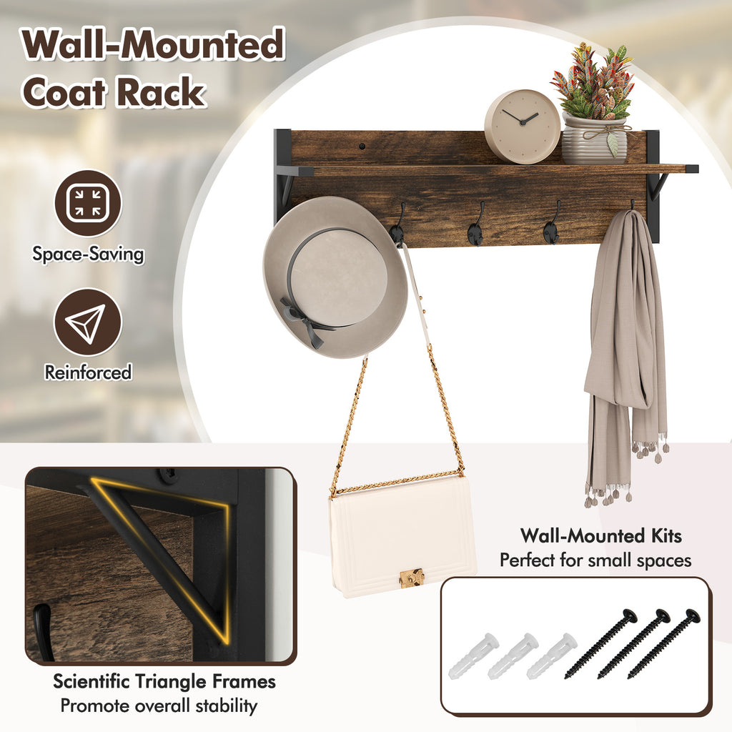 5-Tier Shoe Rack with Wall-Mounted Coat Hanger - Brown