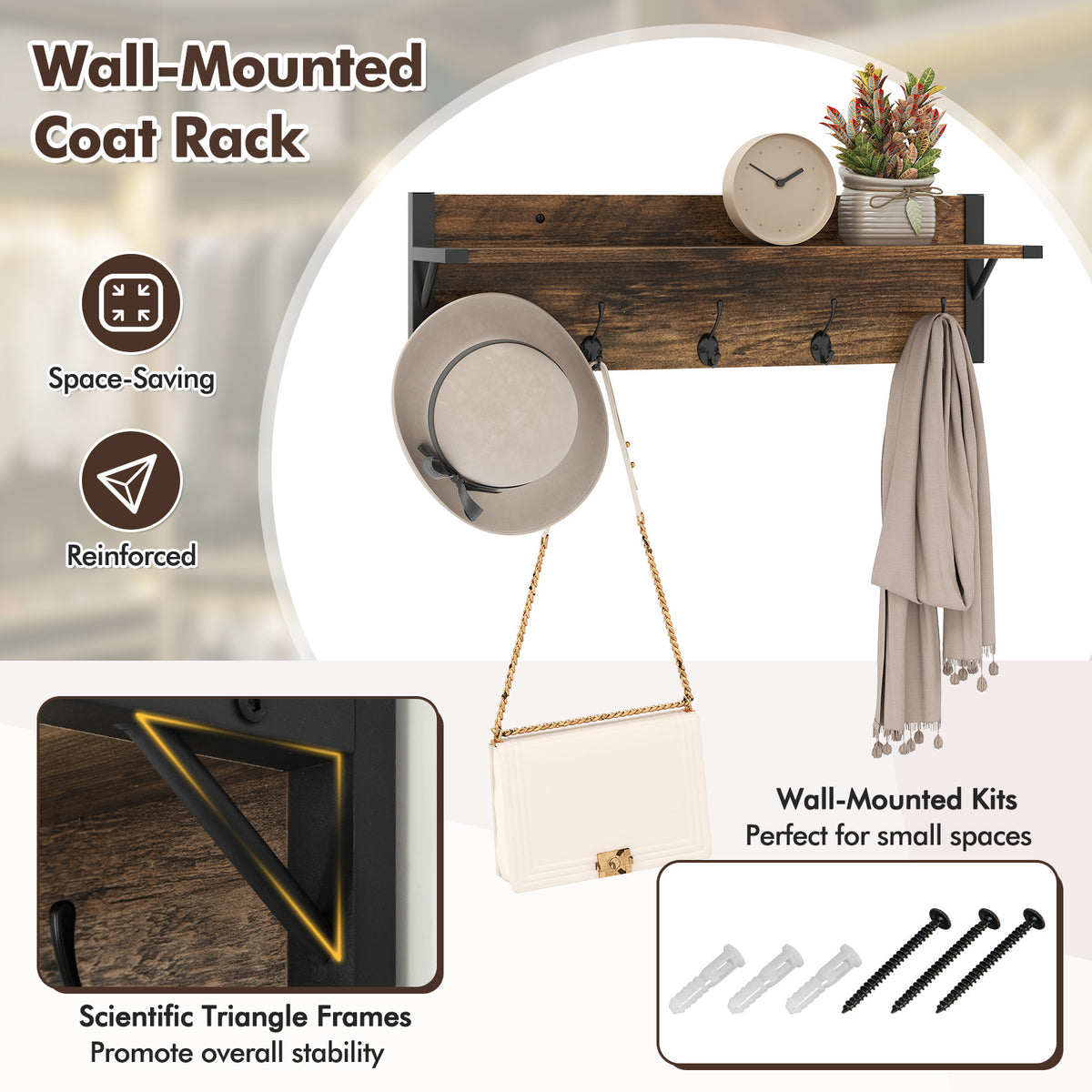 5-Tier Shoe Rack with Wall-Mounted Coat Hanger - Brown